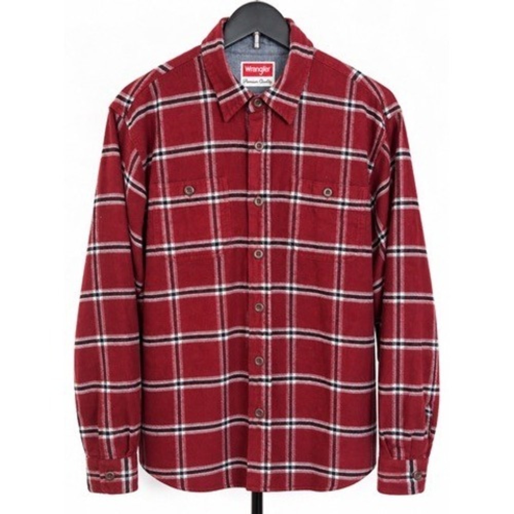 Wrangler Men Red Plaid Flannel Button Down Shirt Cotton Long Sleeve L Cowboy